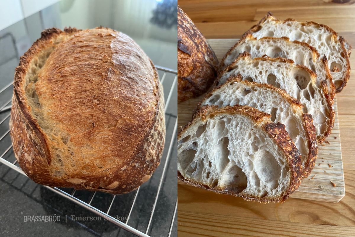 Pão artesanal de fermentação natural com casca crocante e miolo bem aberto — feito por Emerson da Brassabröd
